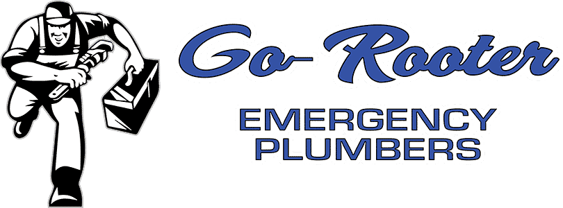 Logo of "Go-Rooter Emergency Plumbers," showcasing a black and white illustration of a plumber in overalls running with a toolbox and wrench. The blue and black text, stylized to the right, highlights their role as an emergency plumber in Cook County IL.