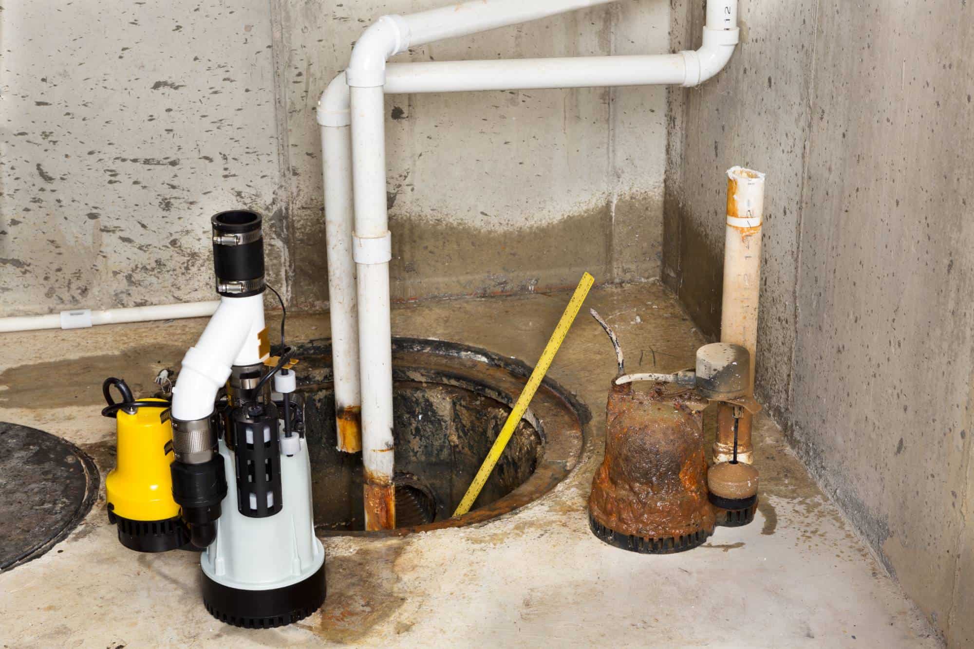 A basement sump pump installation in progress, with a circular pit in the concrete floor, pipes leading away, two new sump pumps, an old rusty pump, and a yellow measuring stick leaning inside the pit.