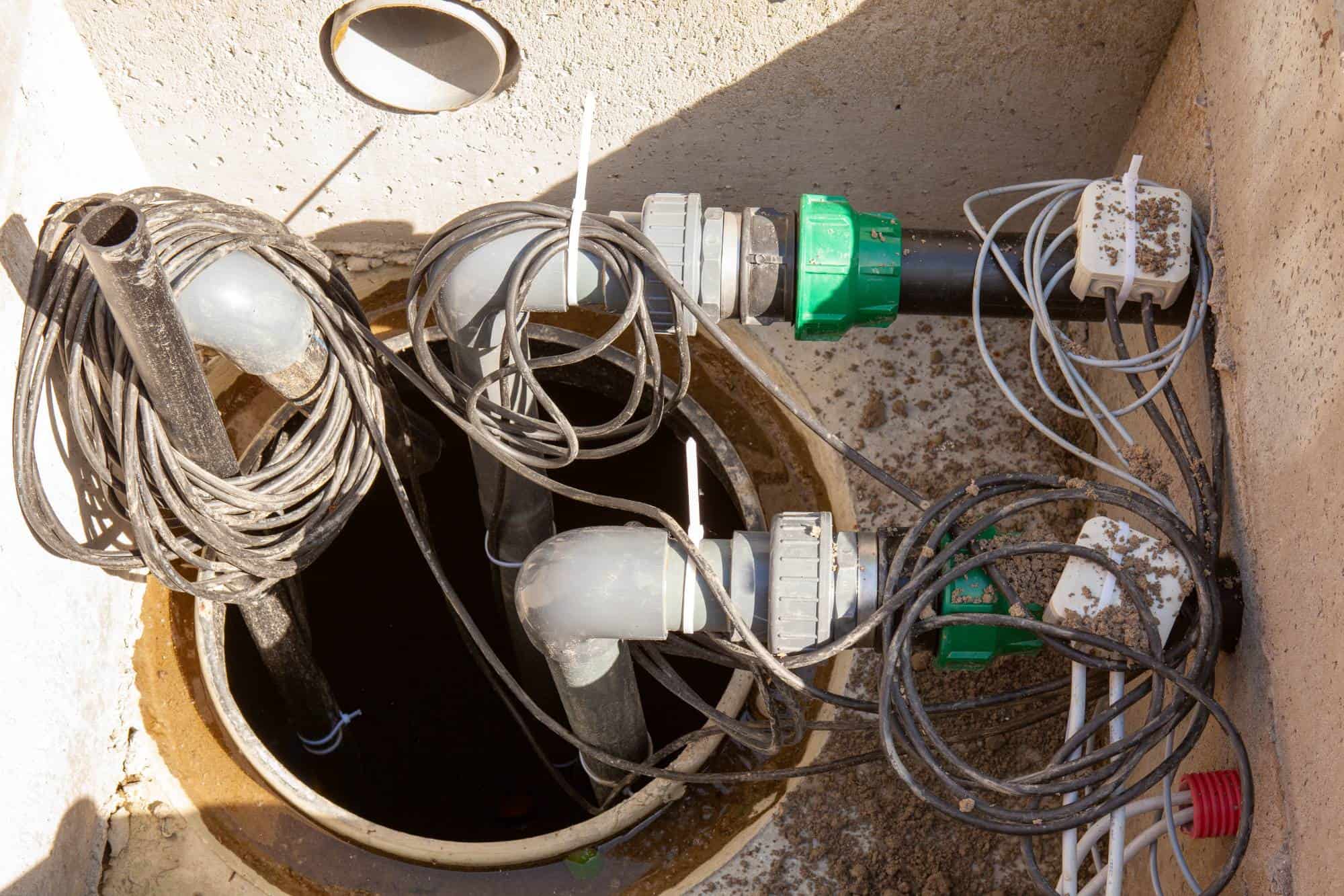 Pipes, cables, and valves inside an outdoor utility box or irrigation control box, with wires coiled around the plumbing and some dirt on the components.