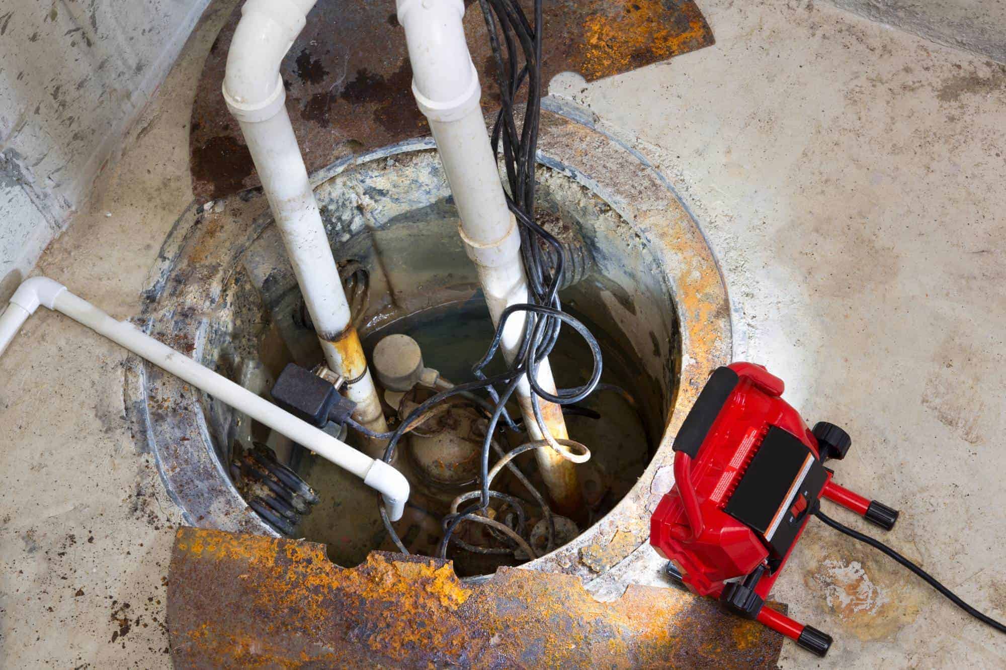 An open sump pump pit with multiple white PVC pipes and electrical wires, next to a red utility tool, on a concrete basement floor with rust and water stains.