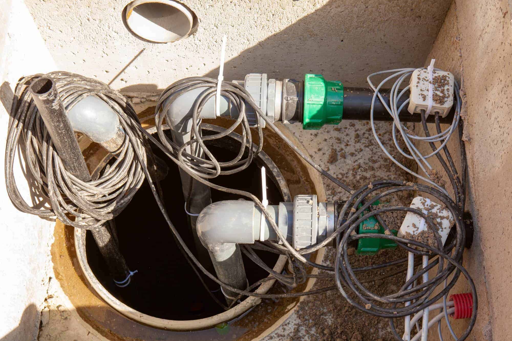 A close-up view of the inside of a water well with pipes, cables, and connectors, some tied with zip ties, for a submersible pump installation in a concrete enclosure.