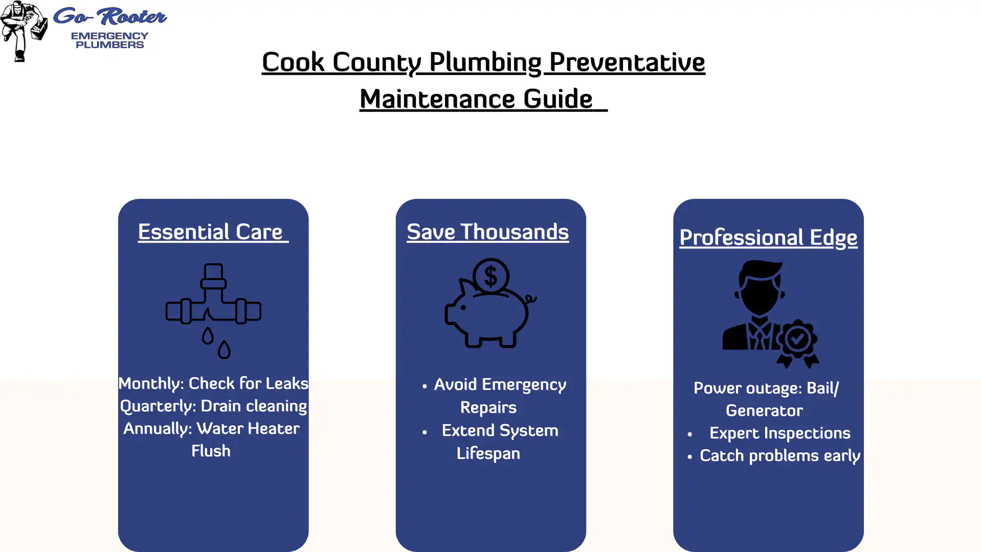 Infographic titled "Cook County Plumbing Preventative Maintenance Guide" with three sections: Essential Care (leak checks, drain cleaning), Save Thousands (avoid repairs, extend lifespan), and Professional Edge (expert inspections, catch problems).