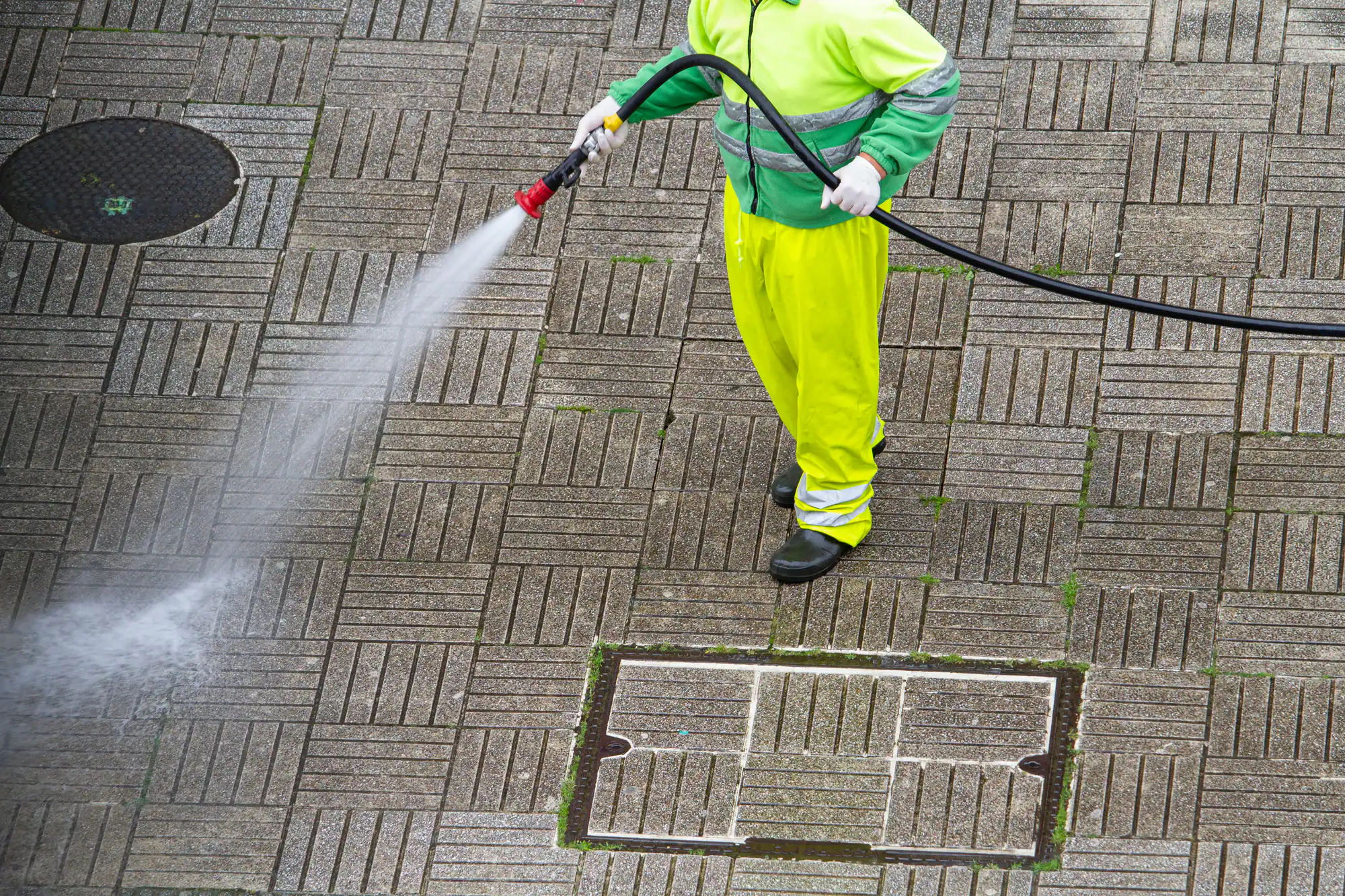 Worker power‑washing a city sidewalk on a sunny day in Chicago & Cook County, IL, water spraying across pavement as pedestrians pass nearby